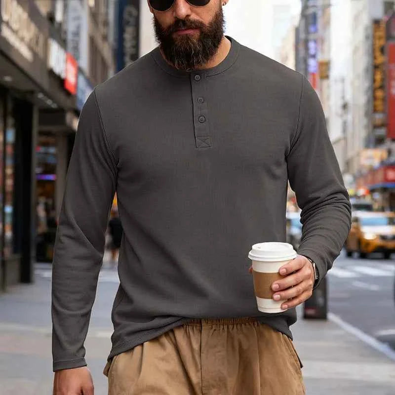 T-shirt Henley Homme Manches Longues — Pull-On Décontracté, Coupe Moderne Printemps/Automne