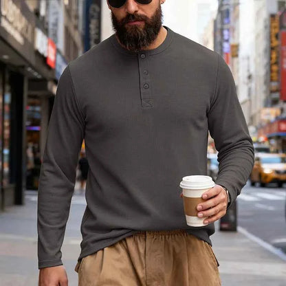 T-shirt Henley Homme Manches Longues — Pull-On Décontracté, Coupe Moderne Printemps/Automne