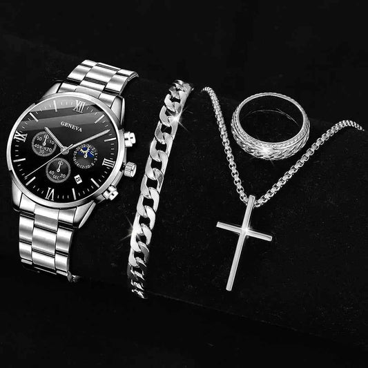 4 pièces ensemble de montre pour hommes mode tendance affaires montre à Quartz croix pendentif collier bague Bracelet ensemble de bijoux cadeau parfait pour lui (sans la boîte)