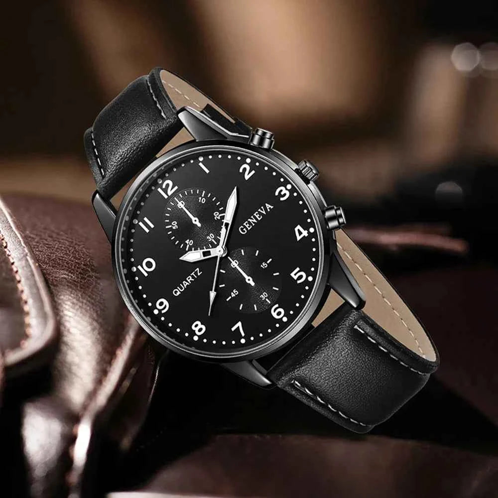 Montre noire pour hommes, 4 pièces, mode Business, Bracelet, collier, boucles d'oreilles, bague, cadeau parfait pour les amis