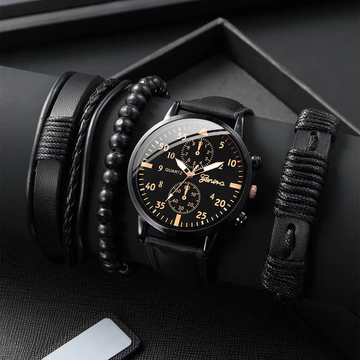 Montre Analogique avec bracelet en cuir tissé pour homme, ensemble de bracelets, mode, affaires, sans boîte, 4 pièces