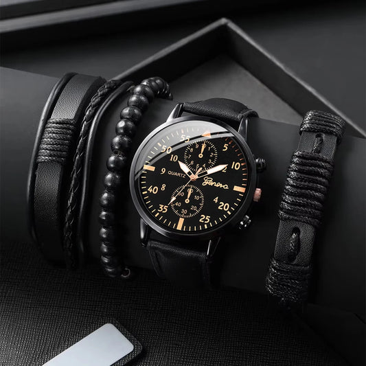 Montre Analogique avec bracelet en cuir tissé pour homme, ensemble de bracelets, mode, affaires, sans boîte, 4 pièces