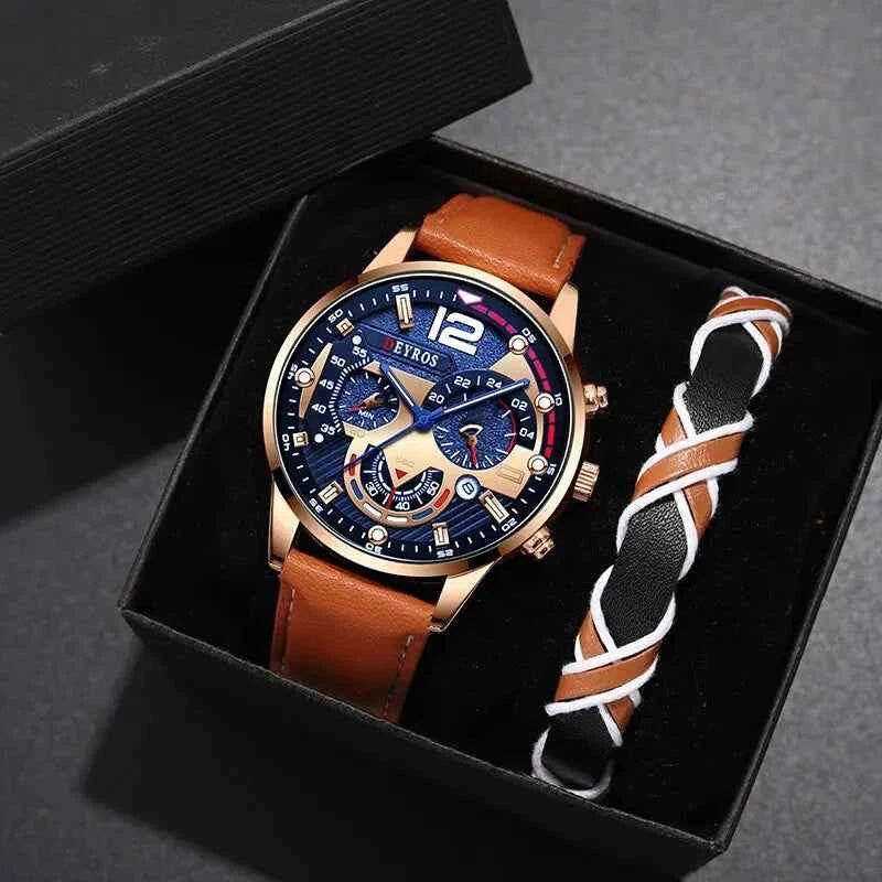 Montres à calendrier pour hommes, bracelet en cuir marron,mode fantaisie masculine, 2 pièces