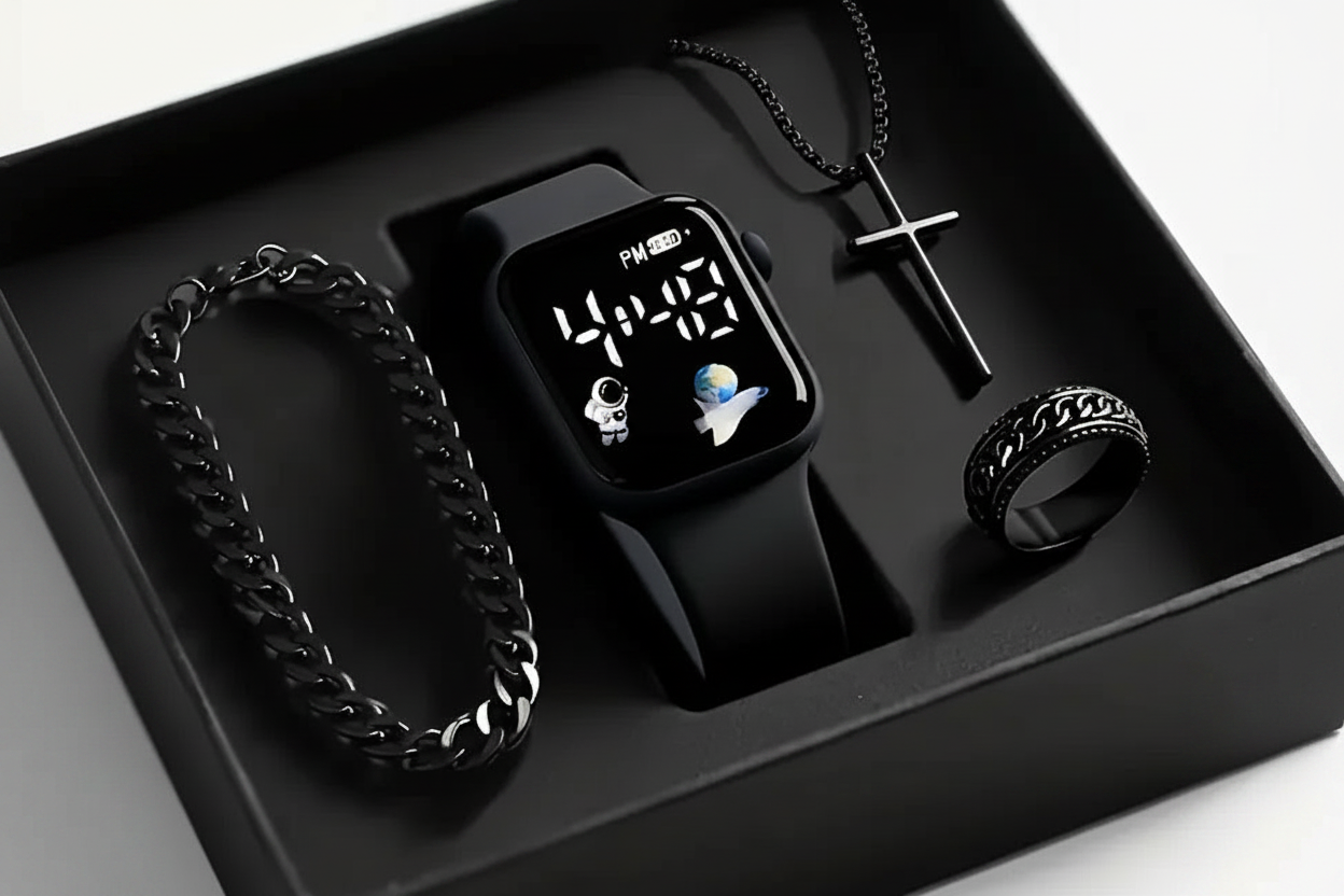 Cadeau Homme 4 Pièces – Montre, Collier, Bracelet & Bague