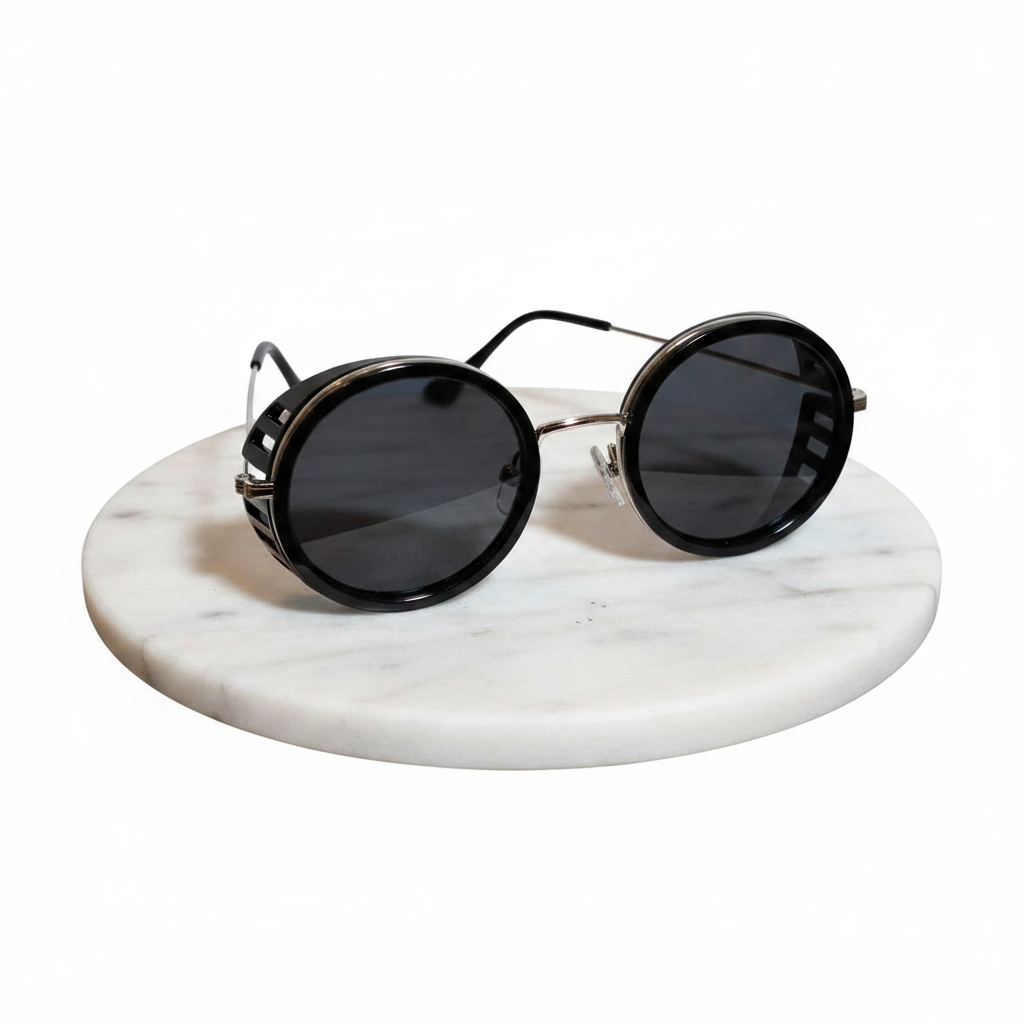Lunettes de soleil rondes UV400 steampunk / Monture métal noir