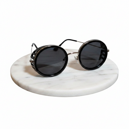 Lunettes de soleil rondes UV400 steampunk / Monture métal noir