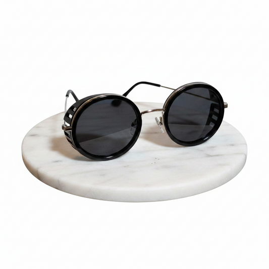 Lunettes de soleil rondes UV400 steampunk / Monture métal noir